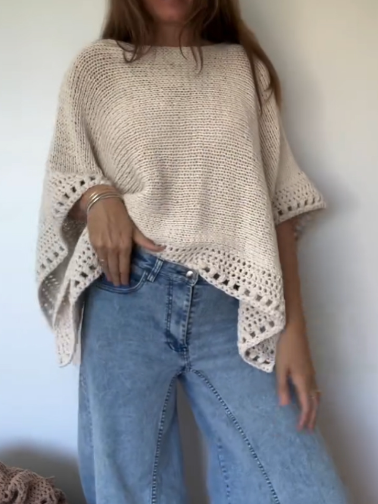 Γυναικείο πλεκτό casual μπλουζάκι με στρογγυλή λαιμόκοψη και κοίλο ντεκολτέ