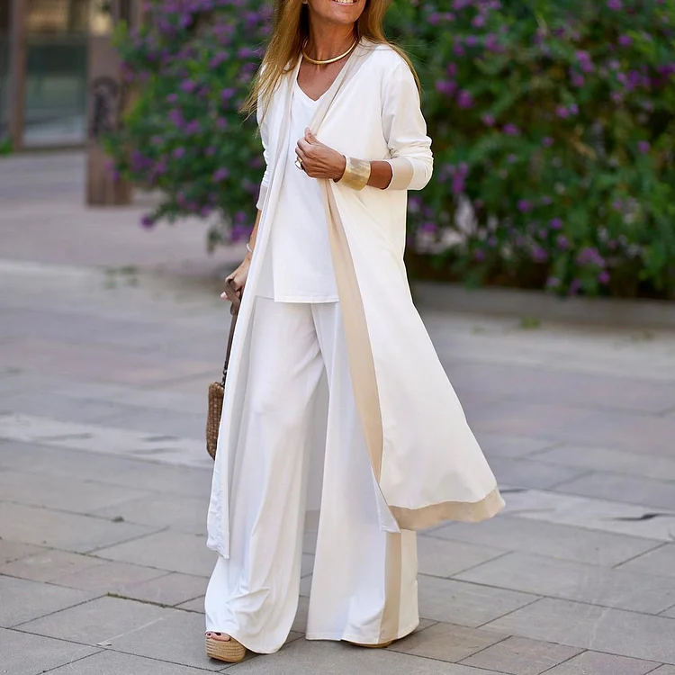 VChics Three-piece Casual Color-block Cardigan Set