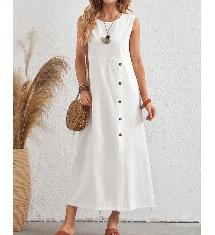 Cotton and Linen Solid Color Loose round Neck Sleeveless Vest Dress VangoghDress