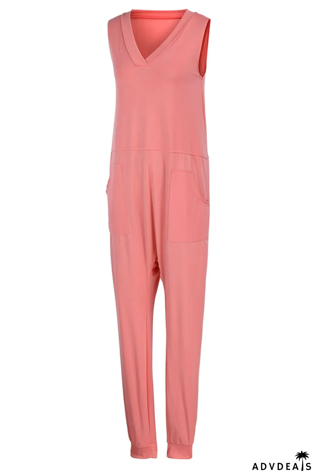 Rose Red Casual Solid Split Joint V Neck Straight Jumpsuits