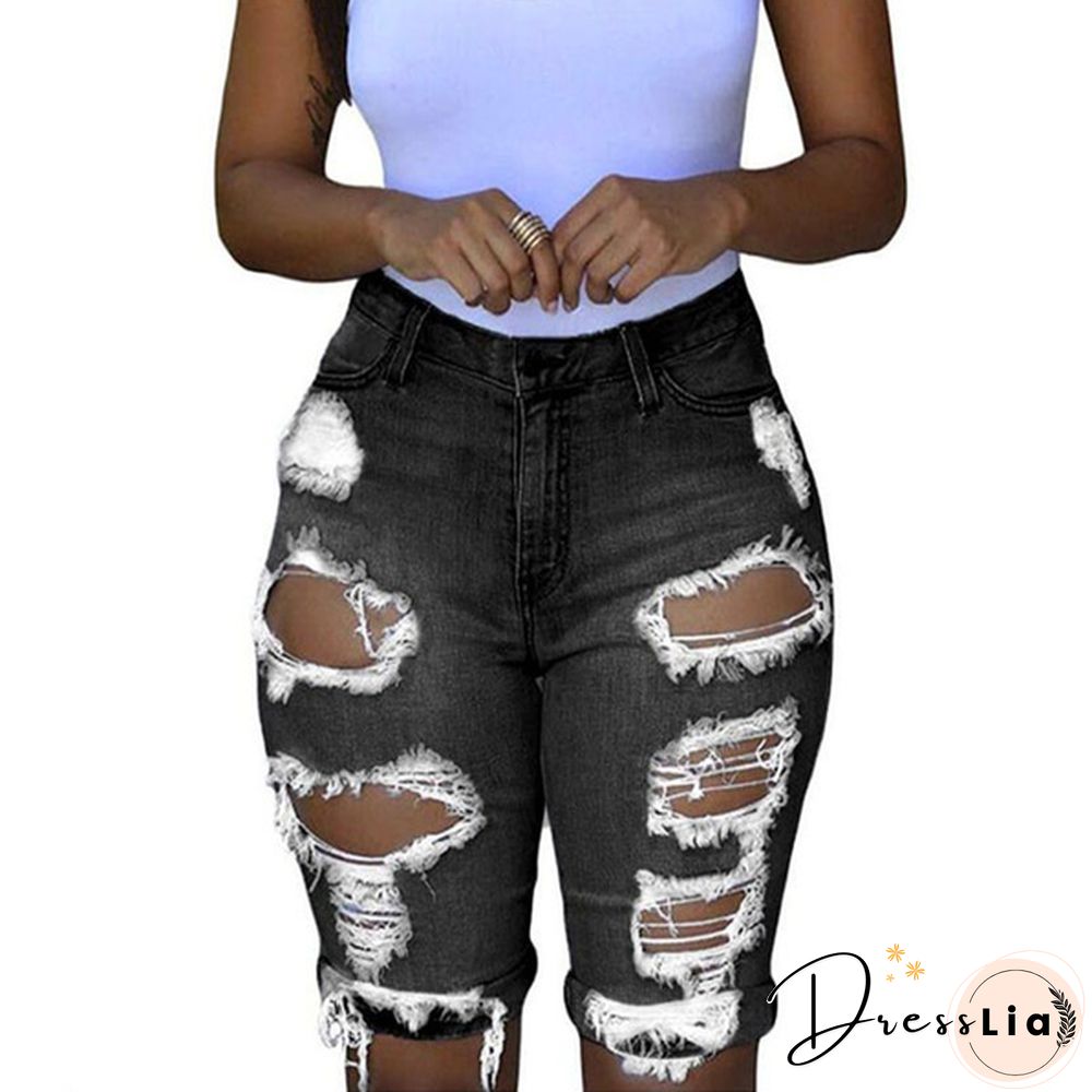 Women Casual Street Style Half Blue Denim Shorts Stretch Pants Slim Boyfriend Ripped Hole Jeans