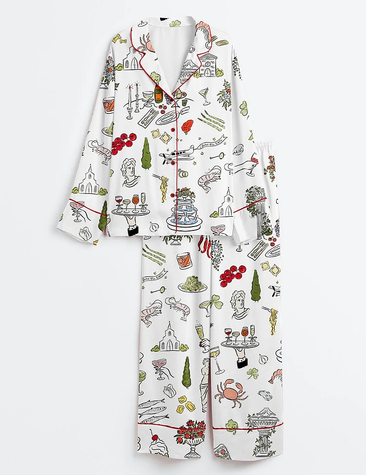 Women&rsquo;s Whimsical Hand Drawn Tuscany Dolce Vita Wedding Print Long Sleeve Satin Pajama Set