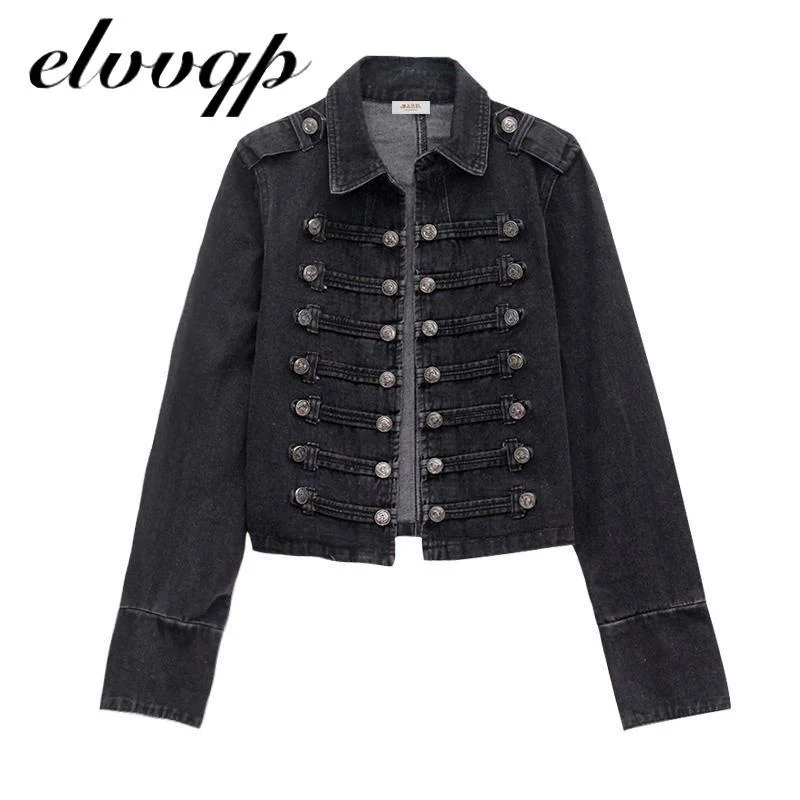 New Retro Military Style Handsome Stand Collar Denim Jackets Female Double-breasted Old Wild Slim Short Denim Jackets Outerwear