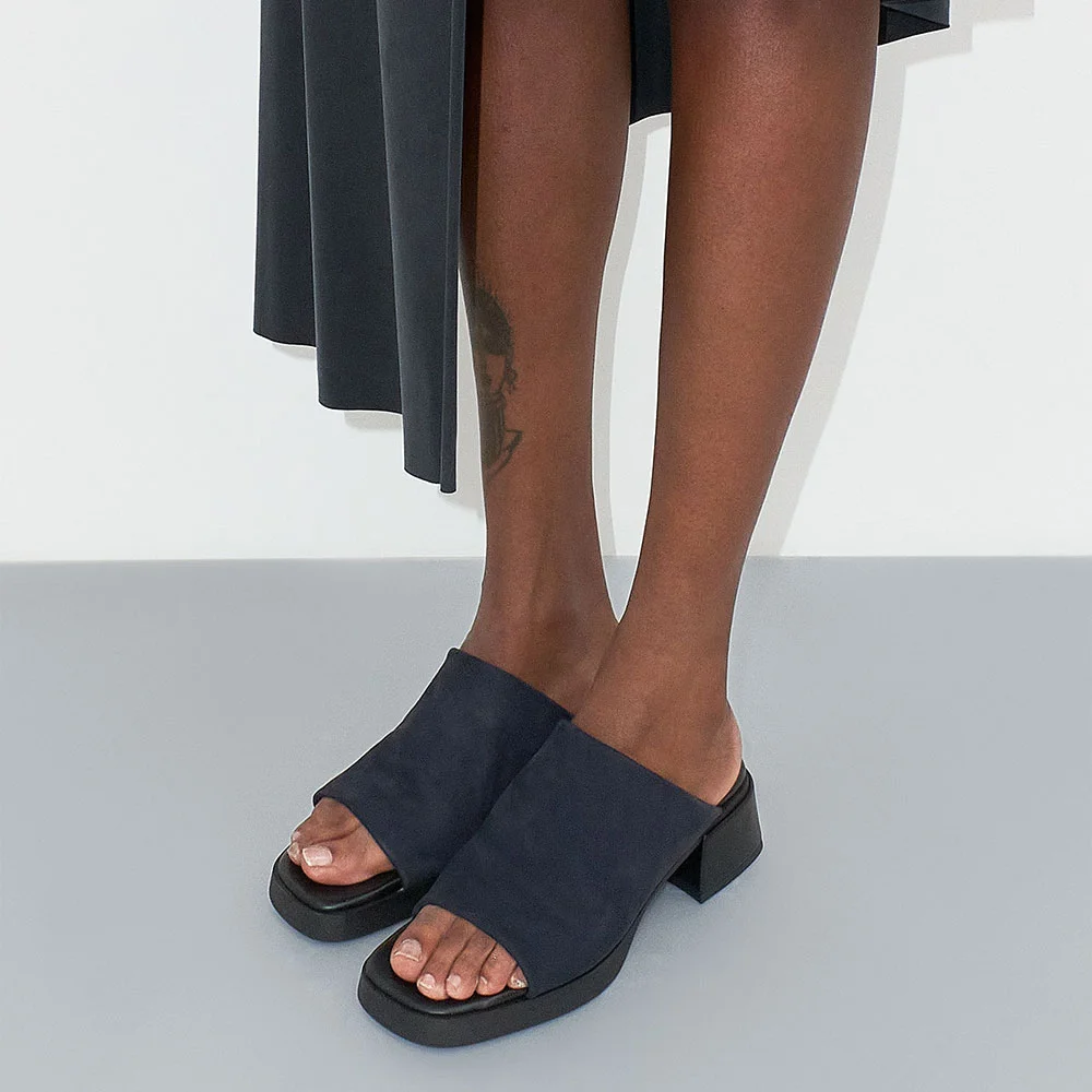 Women's Lycra Square Toe Chunky Heel Backless Mules Shoes in Navy