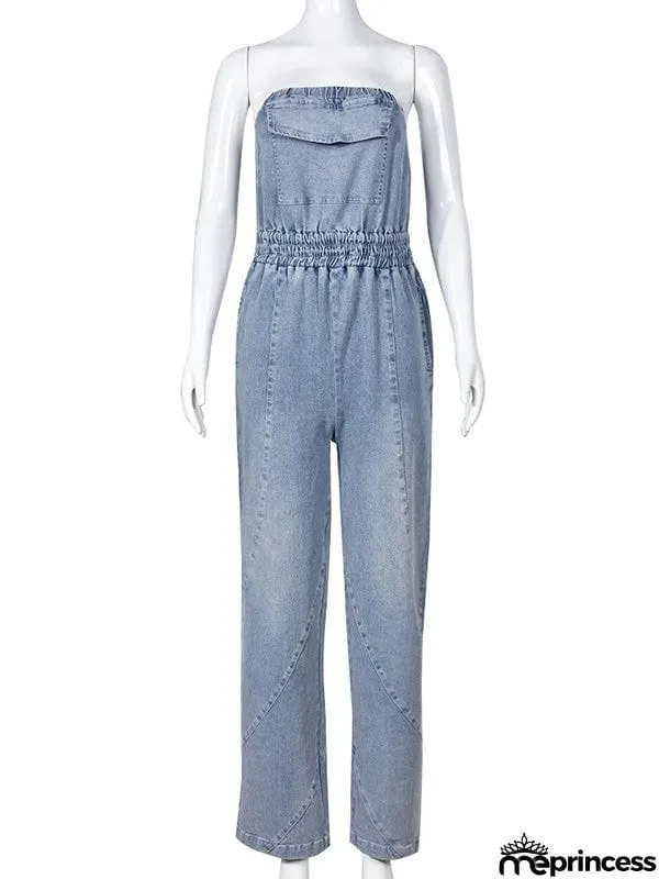 Sleeveless Straight Leg Elasticity Pleated Pockets Split-Joint Tube Jumpsuits