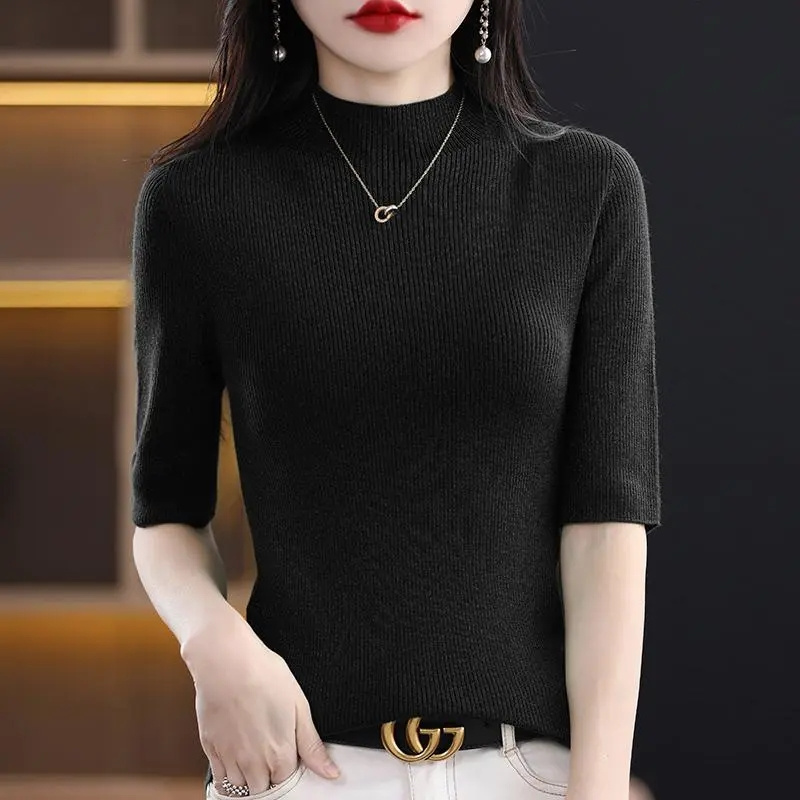 Prosperousluck costume ideas women 2025 Summer Short Sleeve Women Sweaters Turtleneck Korean Fashion Knitwears Slim Fit Bottoming Shirts Casual Pullovers Knit Tops
