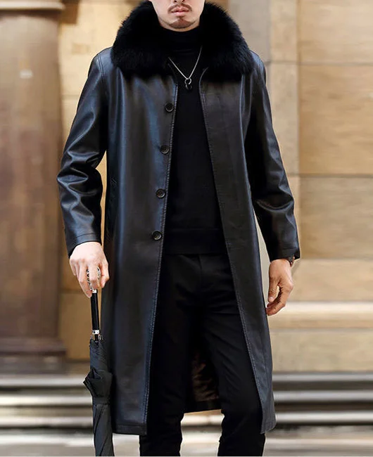 PU Leather Detachable Fur Collar Single Breasted Overcoat 