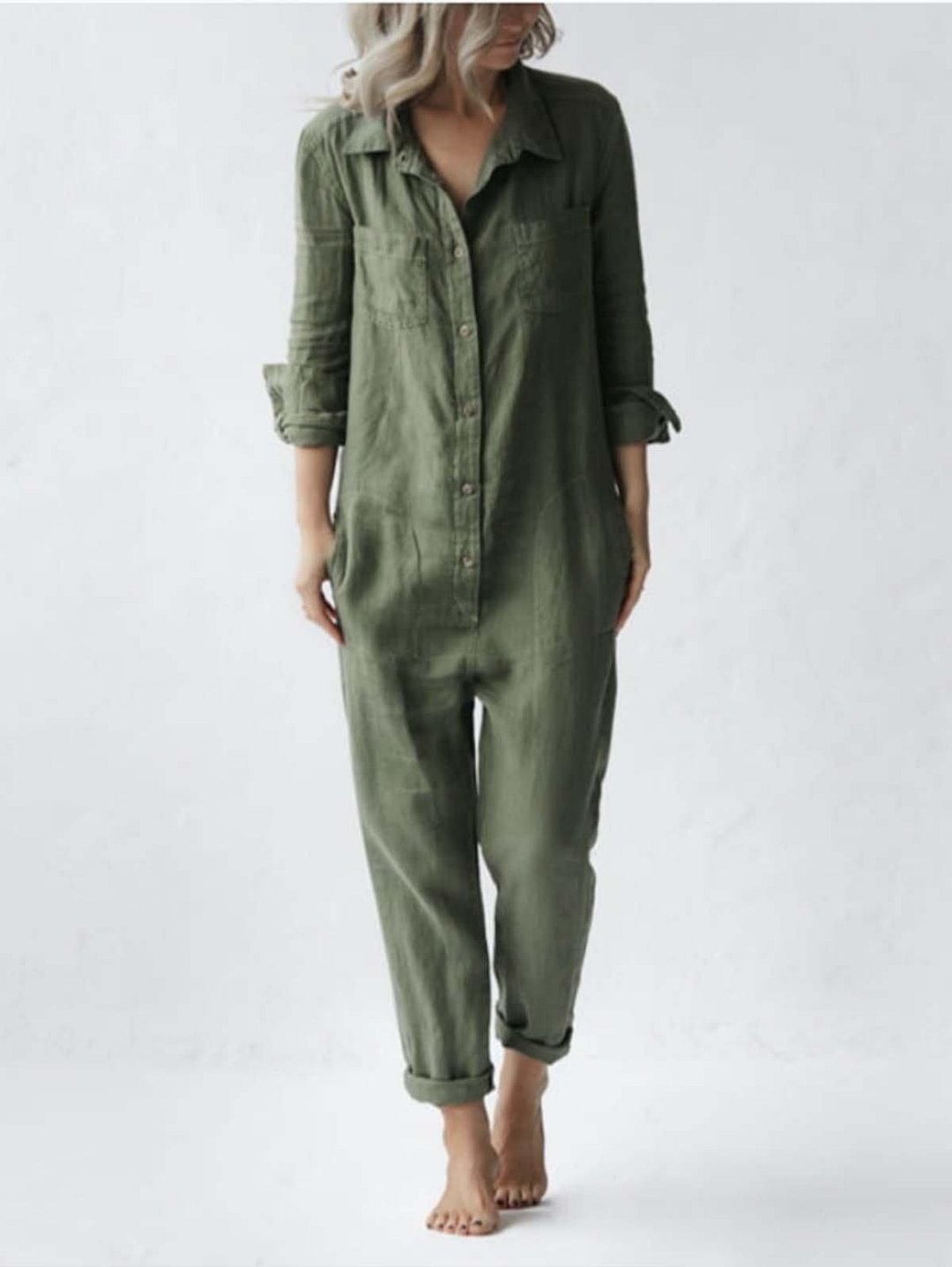 Giveaway Casual lapel pocket long sleeve solid color cotton jumpsuit Green