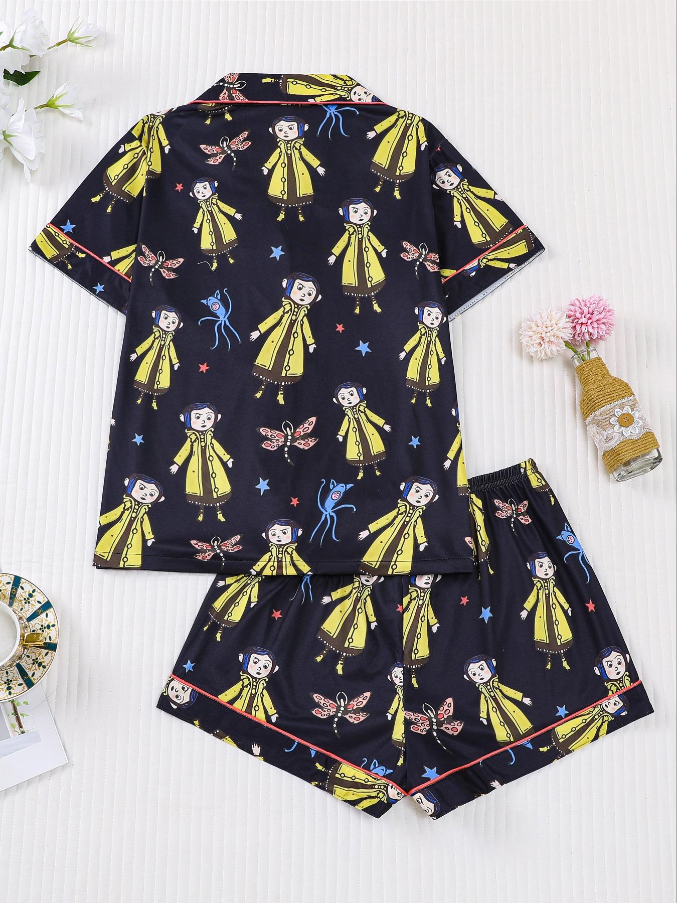 Women's Monkey Print Pajama Set, Short Sleeve Button Front Top & Elastic Shorts, Casual Home Wear, Comfortable Sleepwear, Loungewear