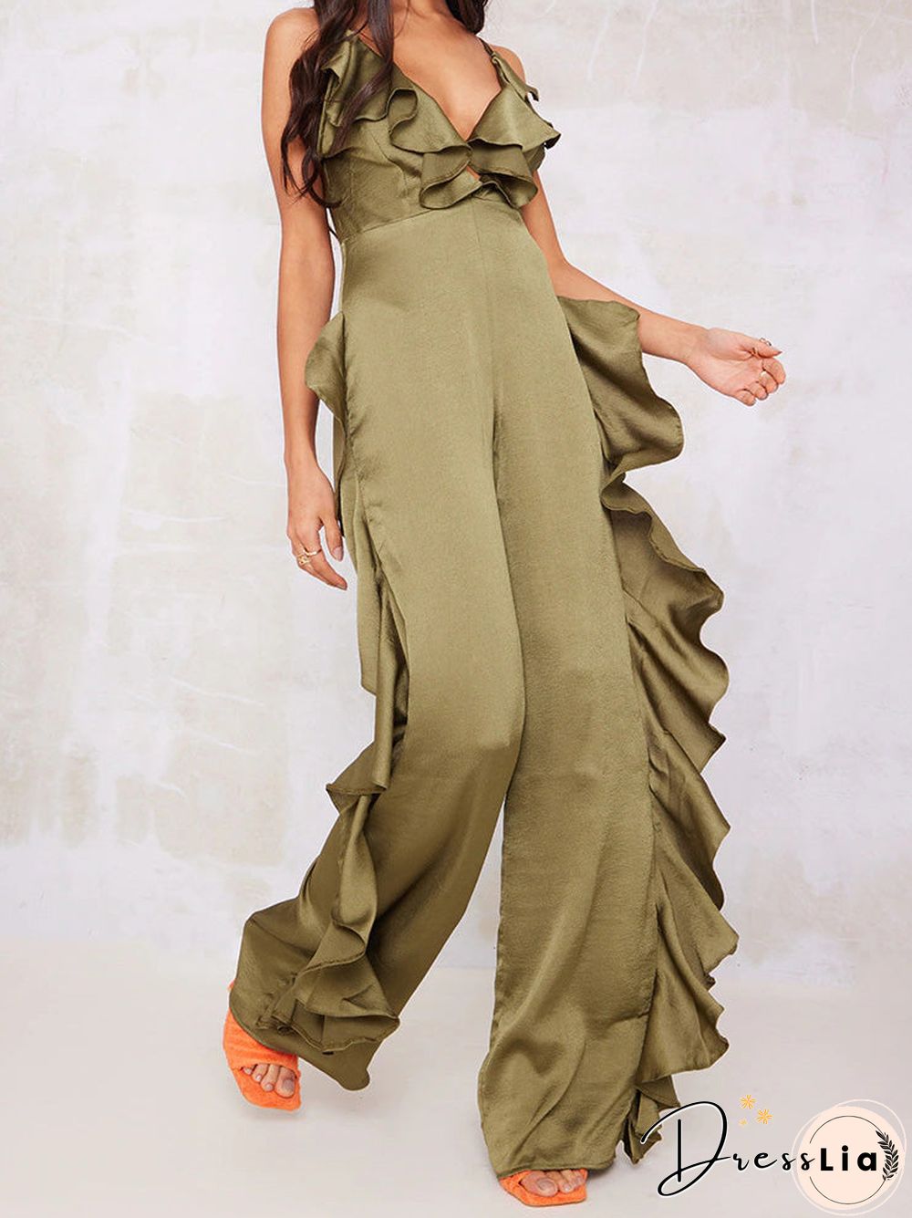 Women'S Jumpsuits Deep V Neck Open Back Ruffle Jumpsuit