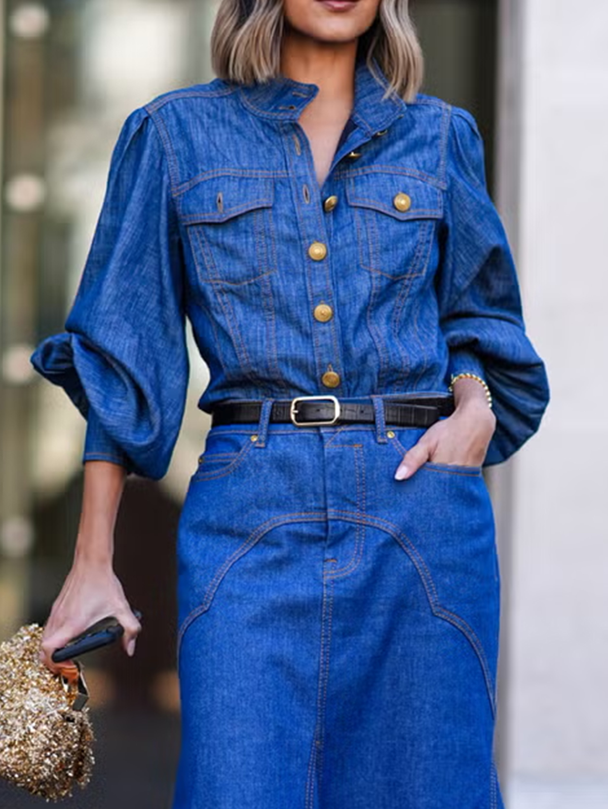 Casual Lantern Sleeve Single Breasted Denim Blouse