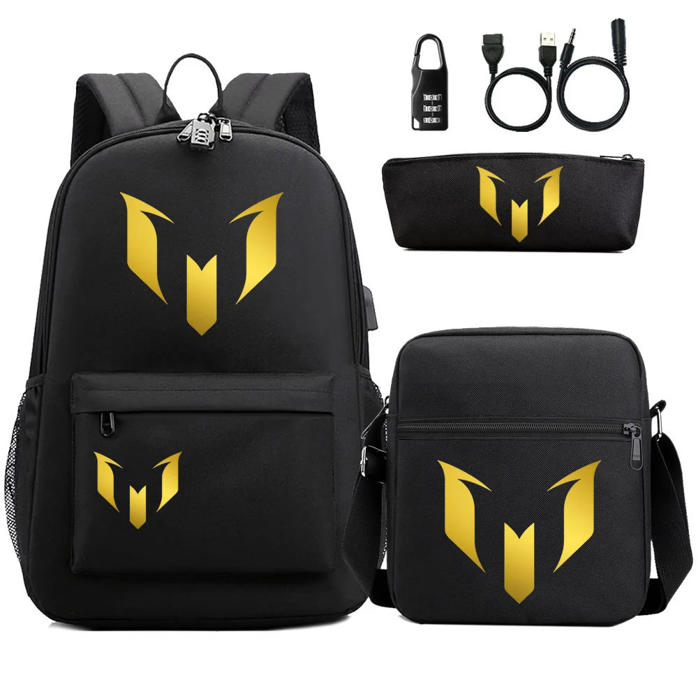 Buzzdaisy "Get the Lionel Messi-inspired Backpack Set with Pencil Case, Lunch Bag, and More!" with USB Charging Cable and Mesh Pockets, plus a Password Lock Feature - perfect for soccer-loving kids!