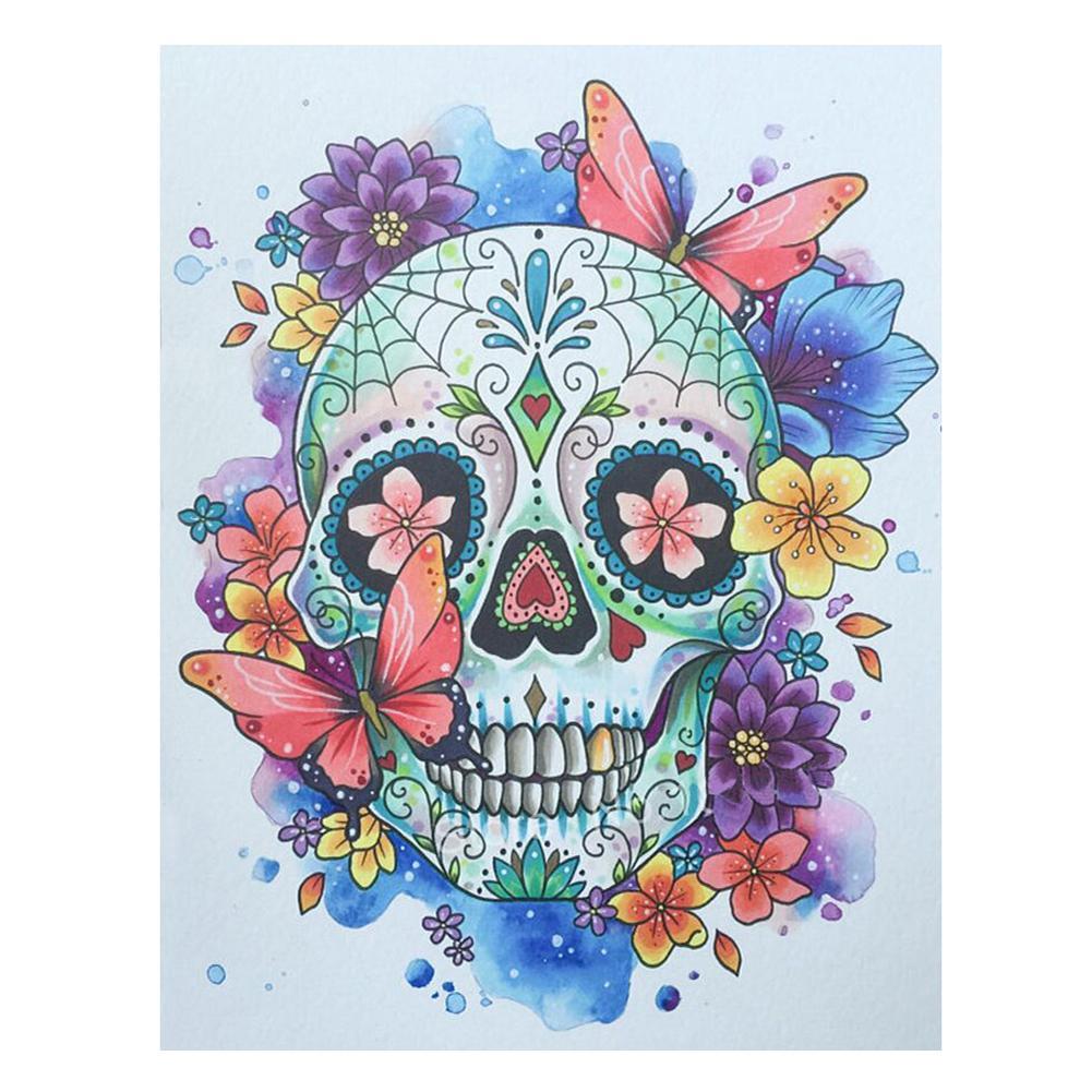 

30*25CM - Flowers Skull - Round Drill Diamond Painting, 501 Original