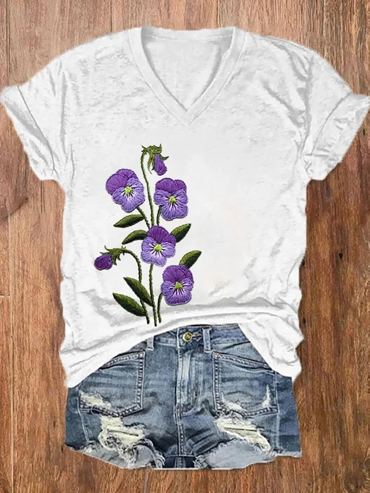 Women's Purple Flower Alzheimer's Awareness Support Printed V-Neck Tee