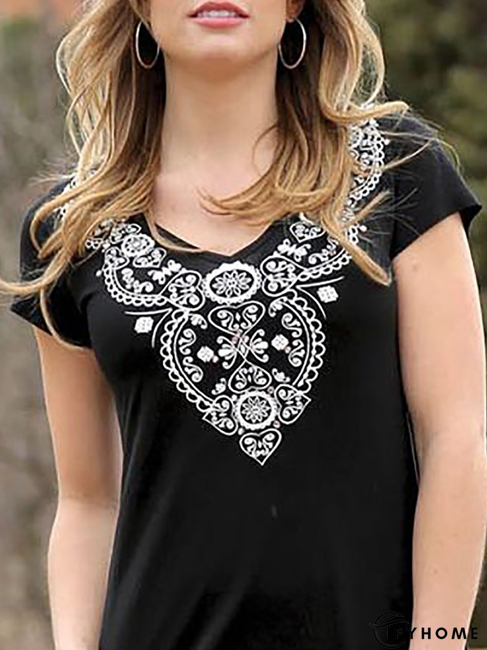 V Neck Casual Cotton-Blend Printed Weaving Dress | IFYHOME