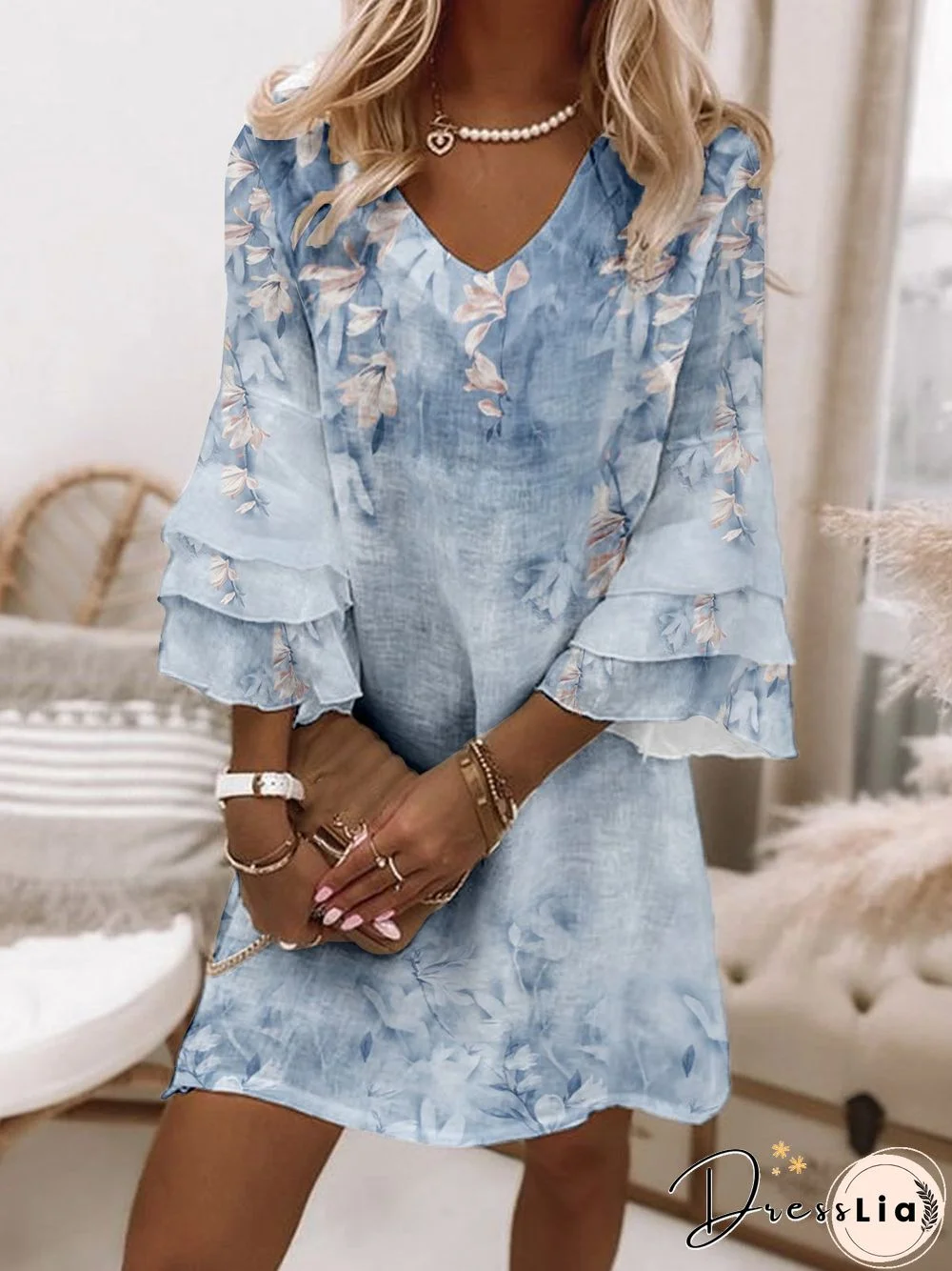 Floral Printed 3/4 Sleeve V Neck Plus Size Casual Dresses