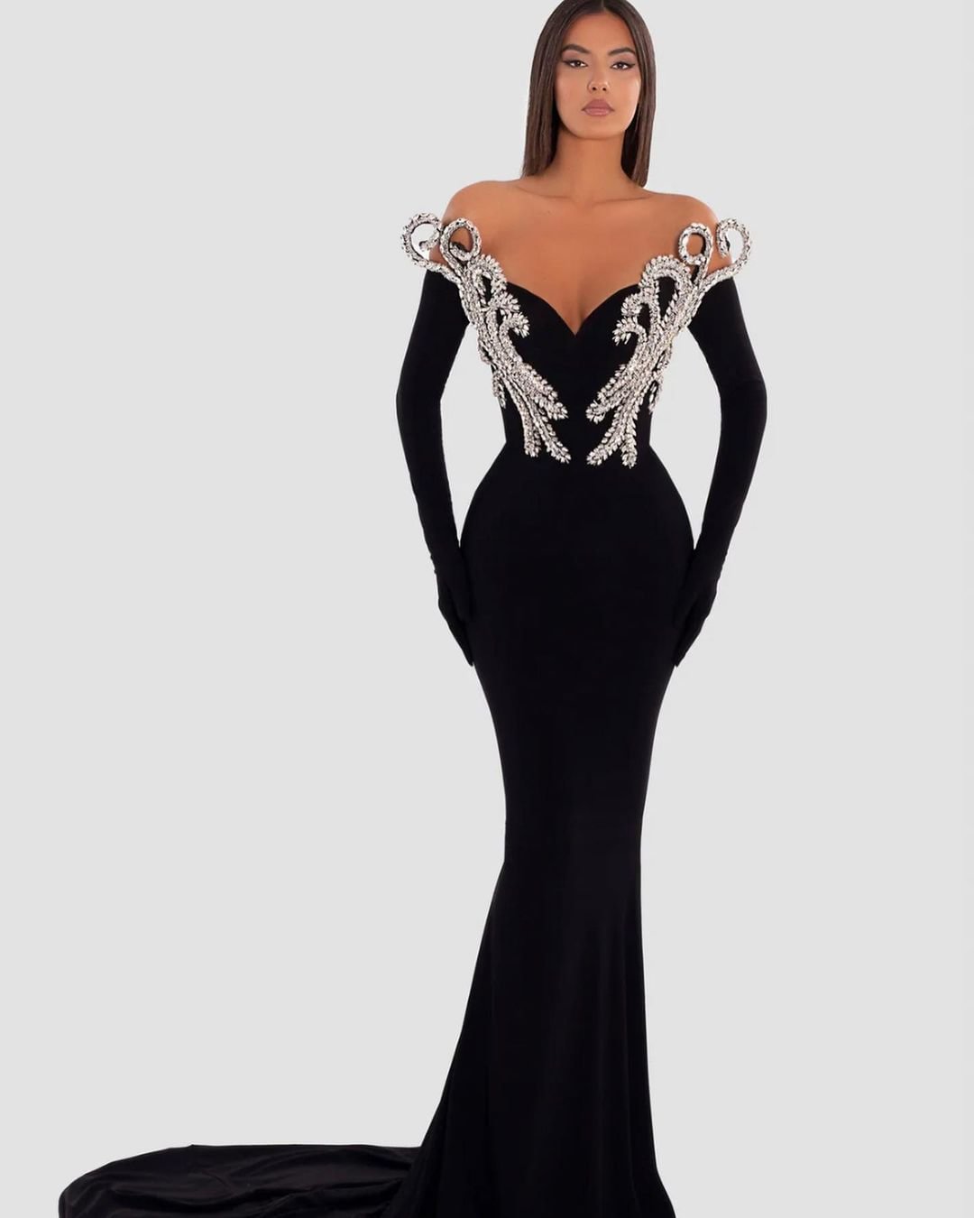Daisda Black Sweetheart Mermaid Long Sleeve Prom Gown Dress with Gloves