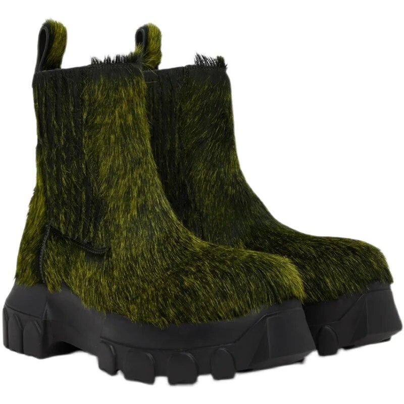 VCSHOES Armygreen Fur Non-Slip Black Bottom Ankle Boots Woman Platform Round Toe Boot Female Shoes For Women
