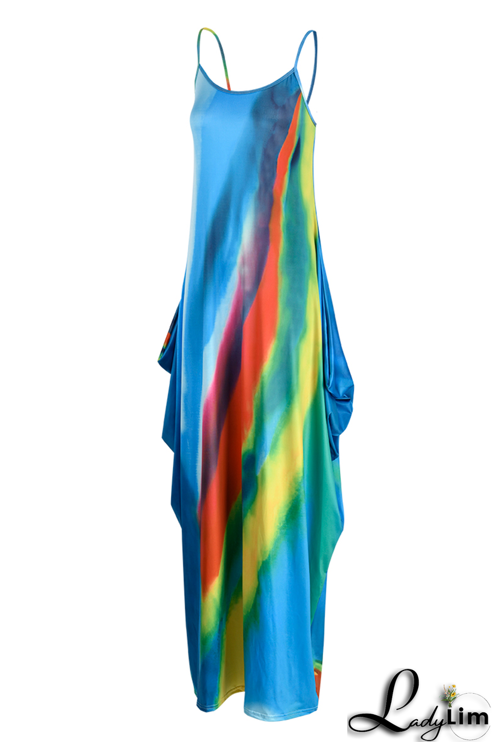 Sky Blue Sexy Print Split Joint Spaghetti Strap Straight Dresses