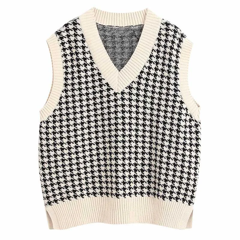 Boho Inspired Houndstooth Oversized Knit sweater women V-neck sleevless KNITWEAR Vest casual sweaters pullovers fashion sweater