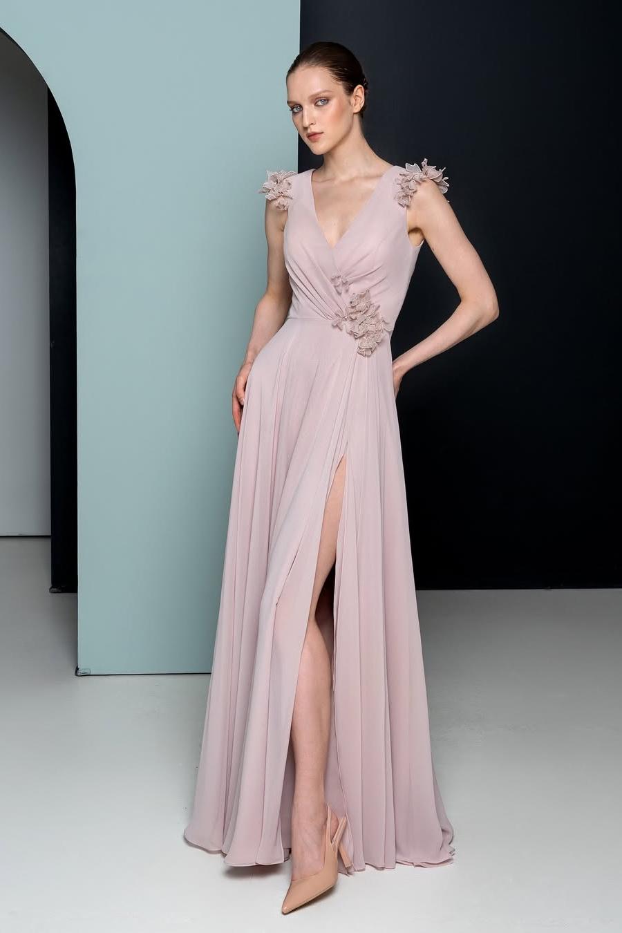 Elegant Chiffon Blushing Pink Spaghetti Strap Sleeveless Split Prom Dress with Flower | MS0534 