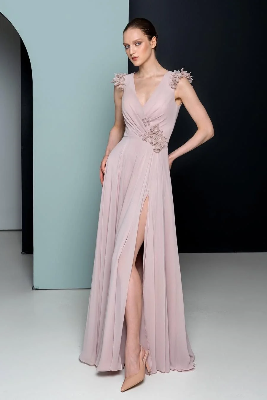 Miabel Elegant Blushing Pink Chiffon Spaghetti Strap Sleeveless Split Prom Dress with Flower 