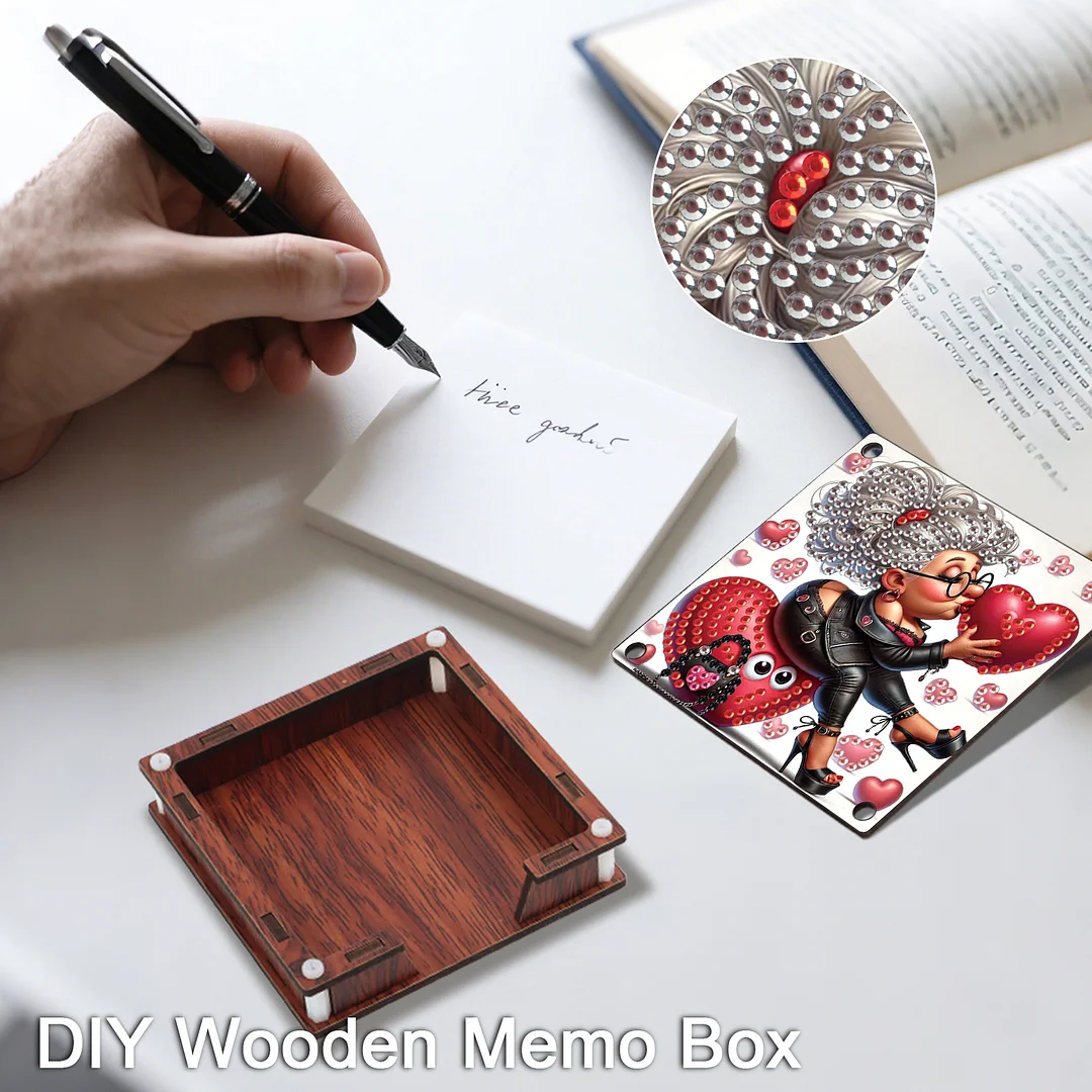 4pcs Wooden DIY Funny Old Lady Diamond Painting Kit Note Box with 480 Papers