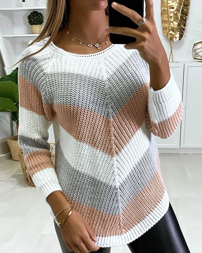 Chevron Pattern Colorblock Long Sleeve Knit Sweater