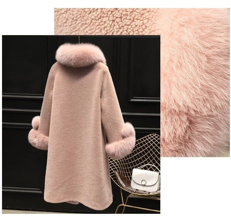 2021 Autumn And Winter Leisure Sheep Shearing Coat Women's Medium And Long Imitation Fox Fur Collar Loose Granular Fur Imitation