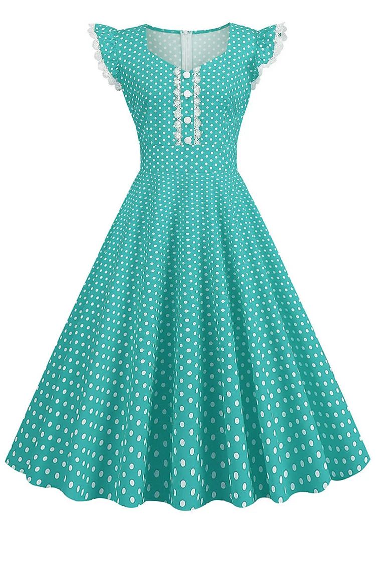 1950s Green Party Polka Dot Lace Ruffle Sleeve Slim Fit Flare Swing Midi Dress