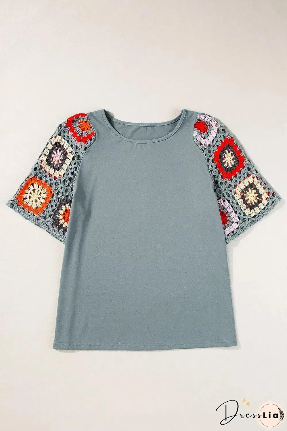 Medium Grey Floral Crochet Short Sleeve Top