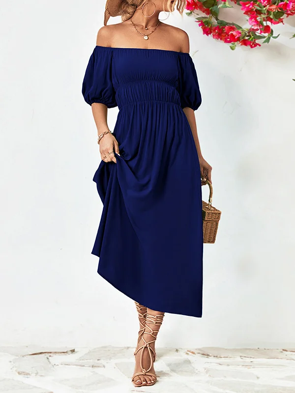 Solid Color Short Sleeves Loose Off-The-Shoulder Midi Dresses