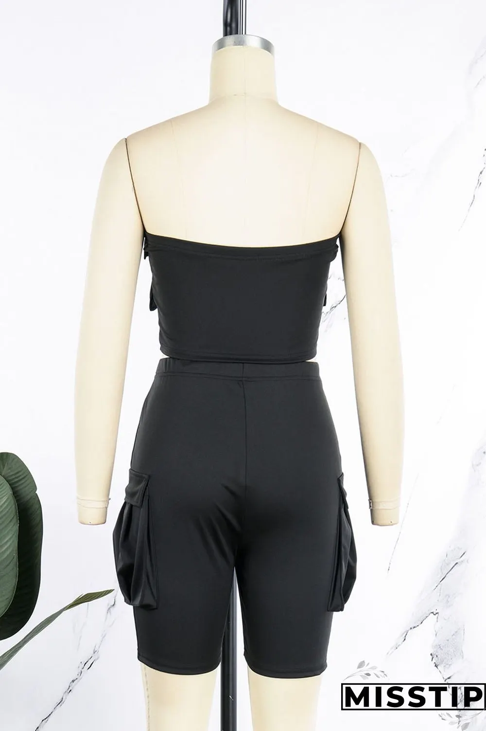 Dark Khaki Street Patchwork Pocket Zipper Strapless Sleeveless Two Pieces
