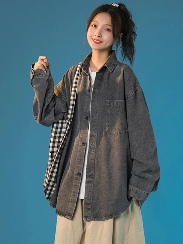Casual Solid Color Split-Joint Denim Blouse