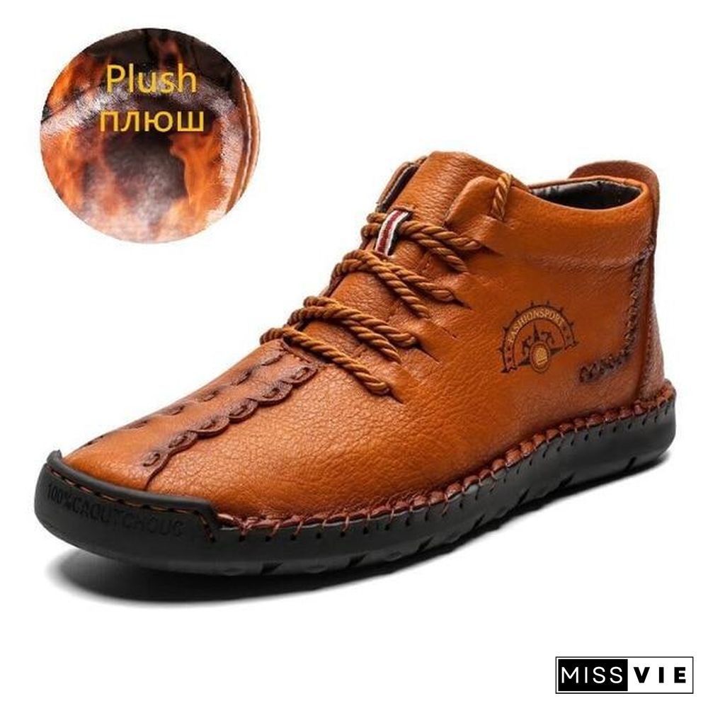 Warm Mens Boots Working Tactical Boots Split Leather Ankle Boots Plush Snow Boots Lace-up Winter Shoes