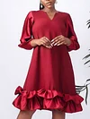 Solid Color V-Neck Half Sleeve Loose Falbala Mini Dress