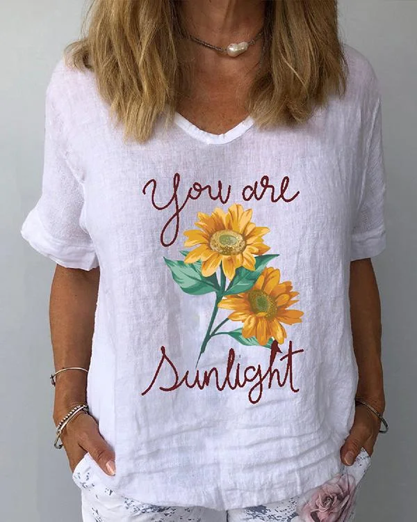 Short Sleeve Sunflower Print Casual Women T-Shirts
