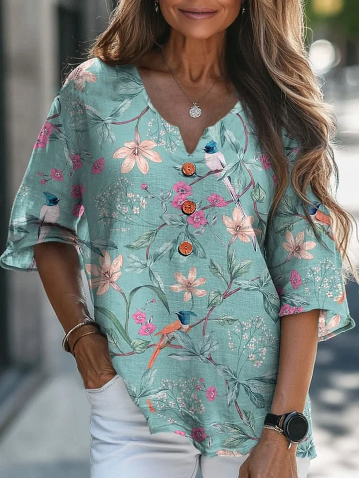 Spring Bird And Floral Pattern Printed Women's Casual Linen V-Neck Shirt
