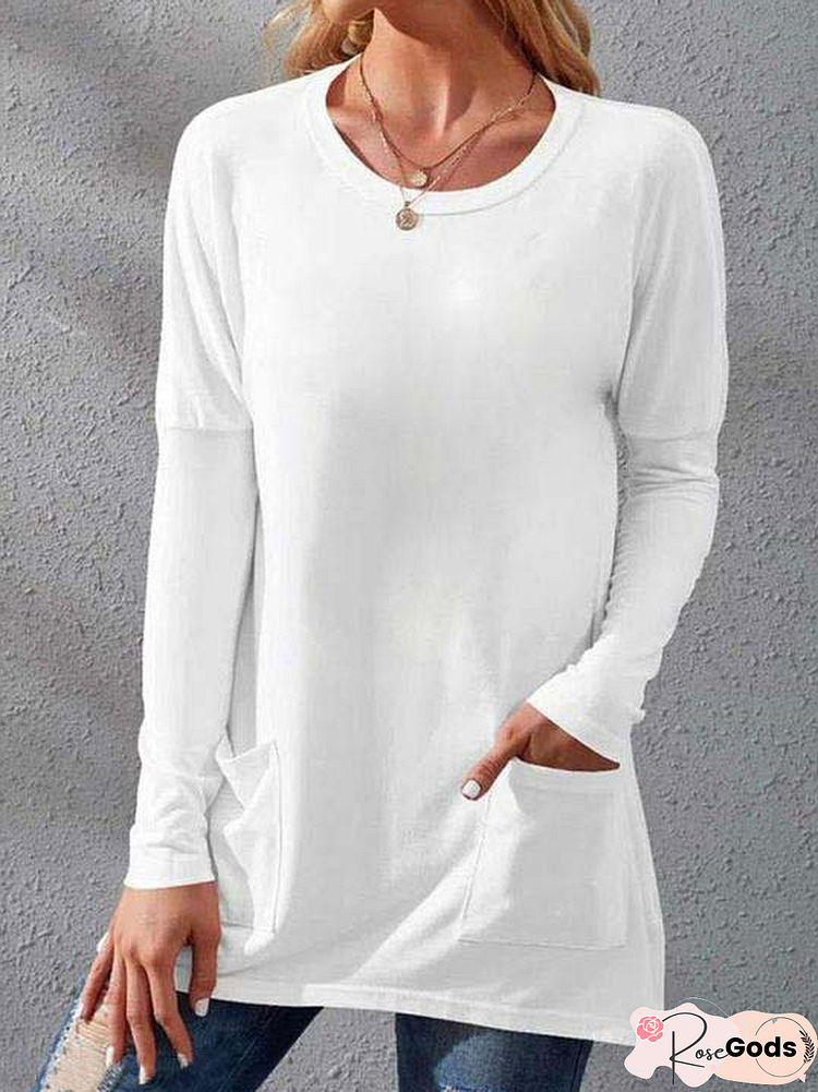 Round Neck Casual Loose Solid Color Long Sleeve T-Shirt