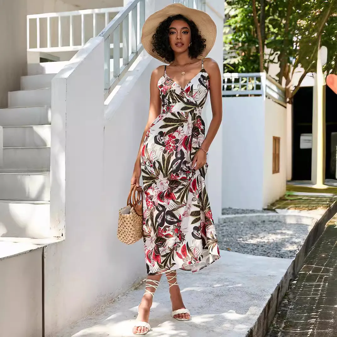 Churchf Women's Dress Station Summer Print Collection Waist Long Sling Dress