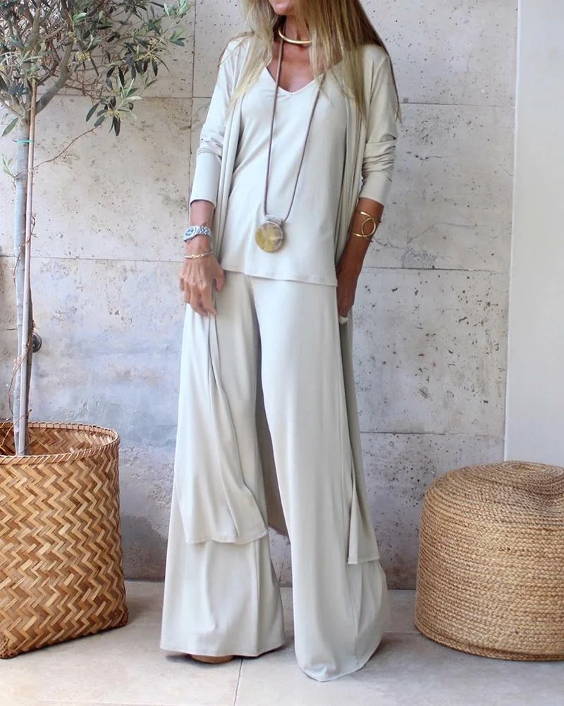 Solid Color Cardigan & V-Neck Sling Top & Casual Trousers Three Piece Set