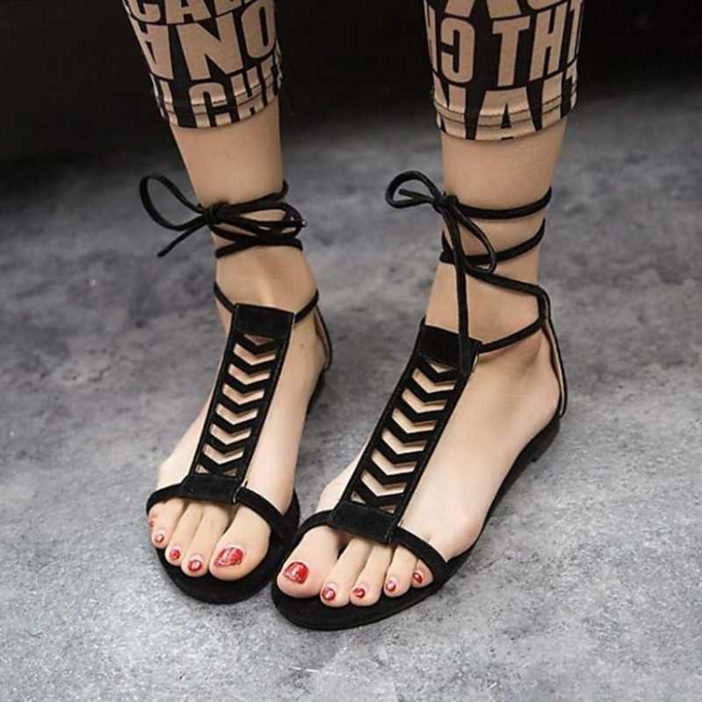 Black Vegan Suede Open Toe Flat Lace Up Sandals Nicepairs