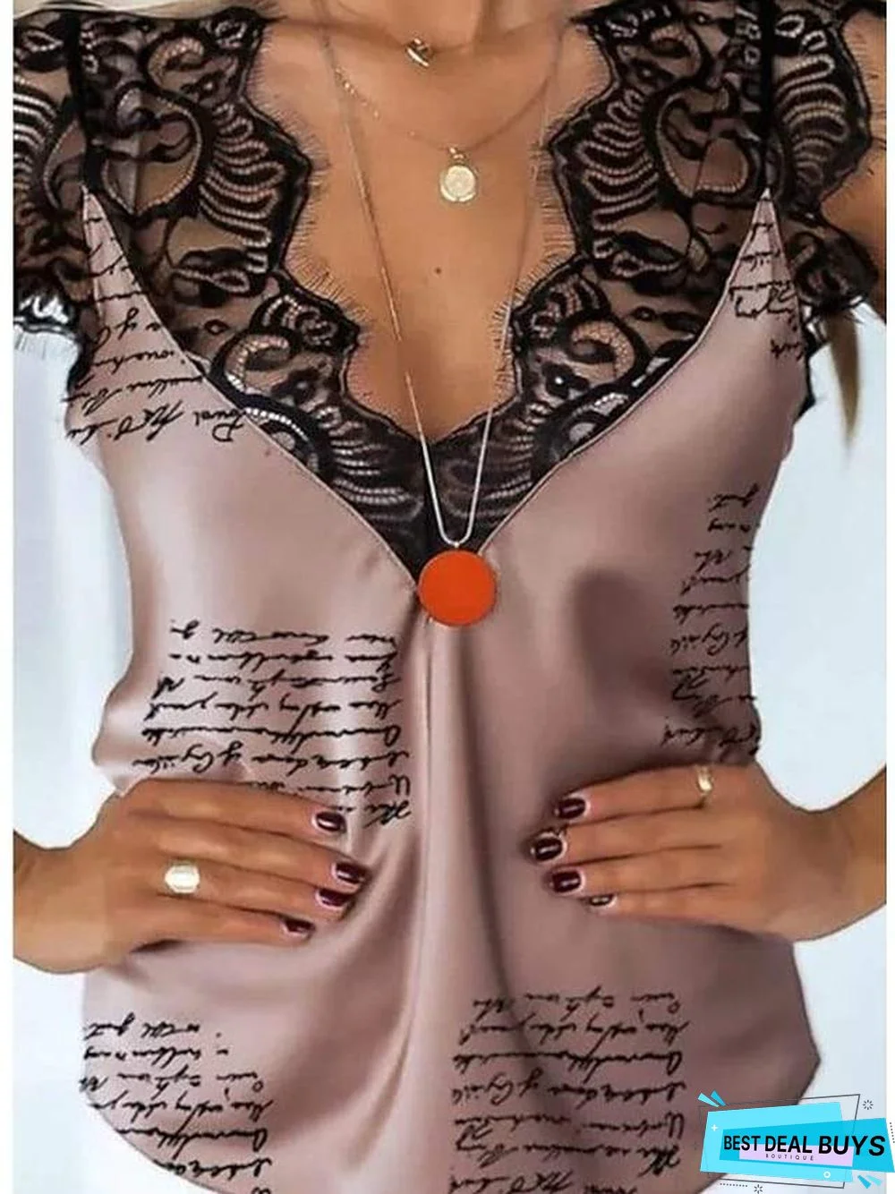 Women's Going Out Camisole Letter Patchwork Lace Trims Print V Neck Tops Sexy Basic Top White Black Light Brown