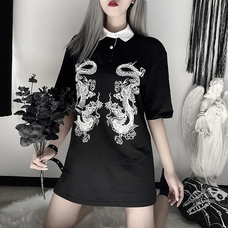 Gothic DragonPrinted Loose Collar shirt - Gotamochi Kawaii Shop, Kawaii Clothes