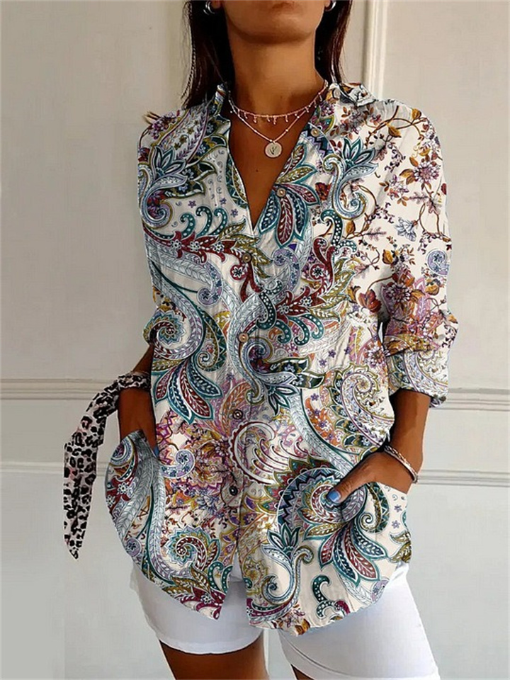 Women's Large Size New Long-sleeved Shirt Floral Ladies Printed Casual Shirt