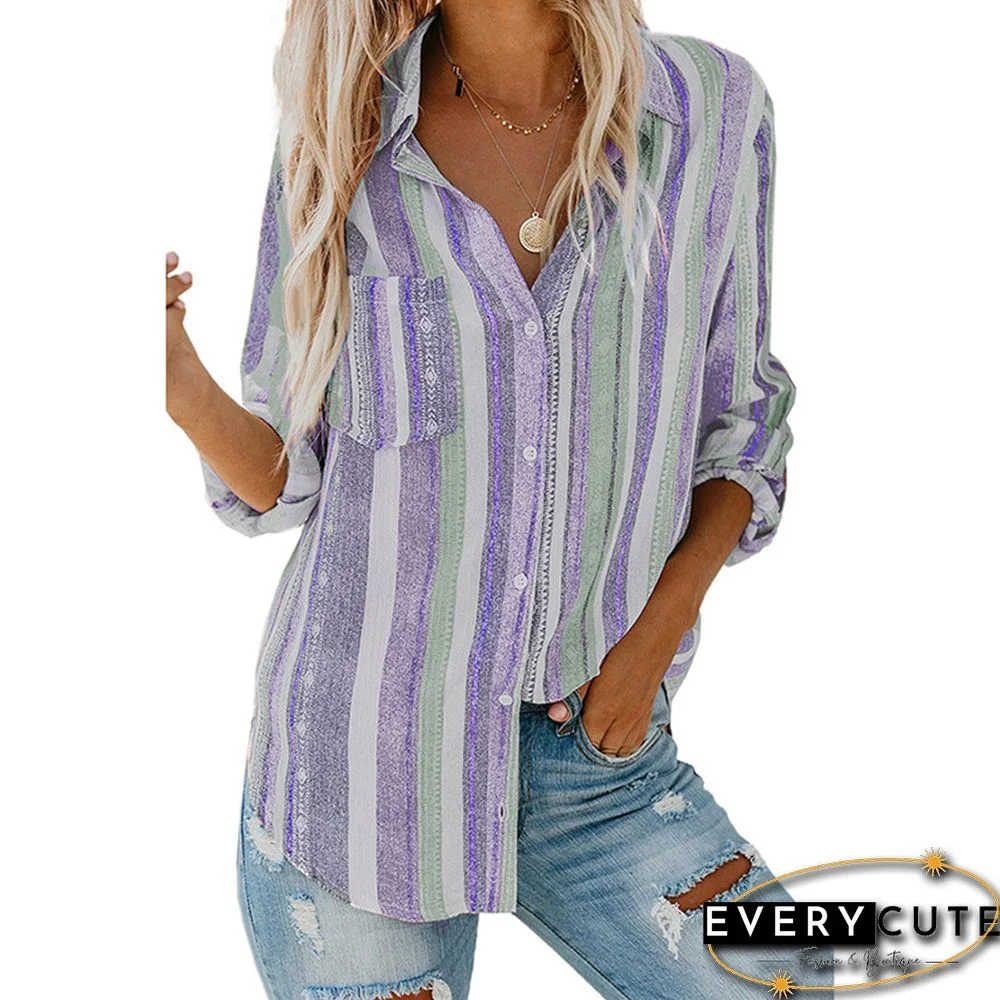 Purple Striped Print Long Sleeve Button Pocket Shirt