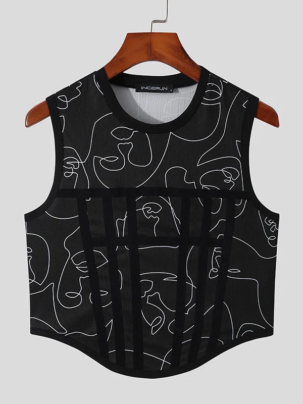 Aonga - Mens Abstract Print Patchwork Curved Hem VestI aonga