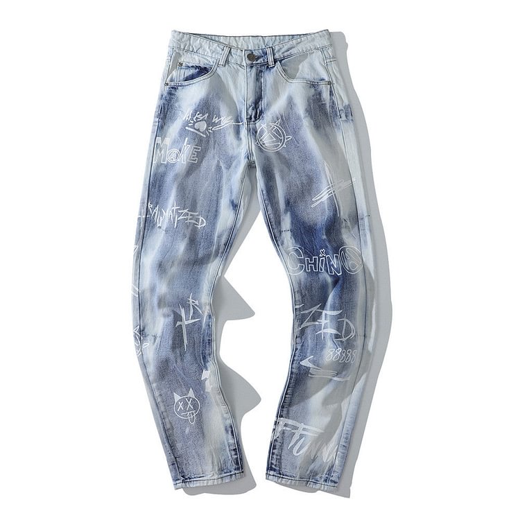 Graffiti Letter Printed Jeans Men's plus Size Retro Sports Trousers Men's Men Denim Pants