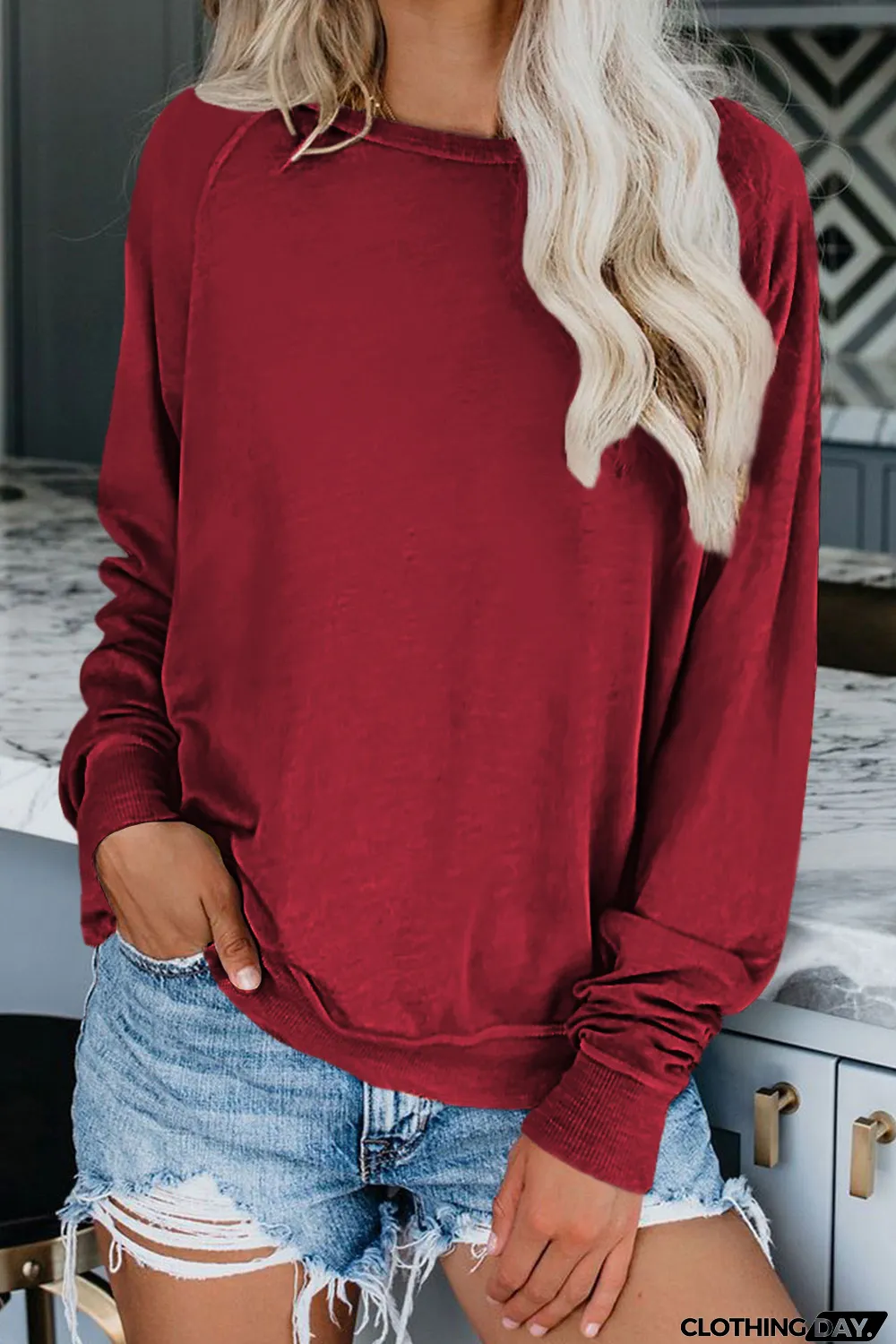 Blank Apparel - Wine Red Solid Crew Neck Pullover Sweatshirt