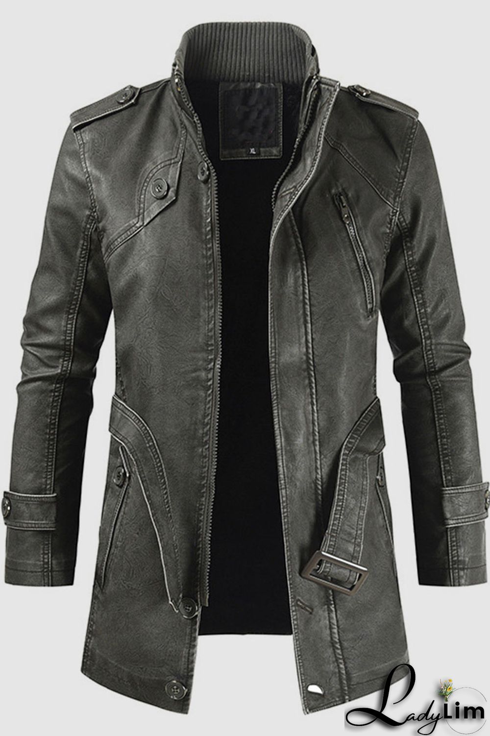 Brown Casual Solid Split Joint Zipper Turtleneck Outerwear